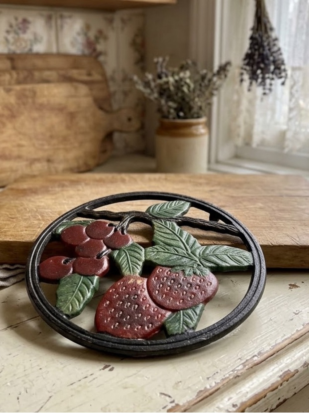 Vintage Hand-Painted Cast Iron Strawberry & Fruit Vine Round Trivet Hot Plate
